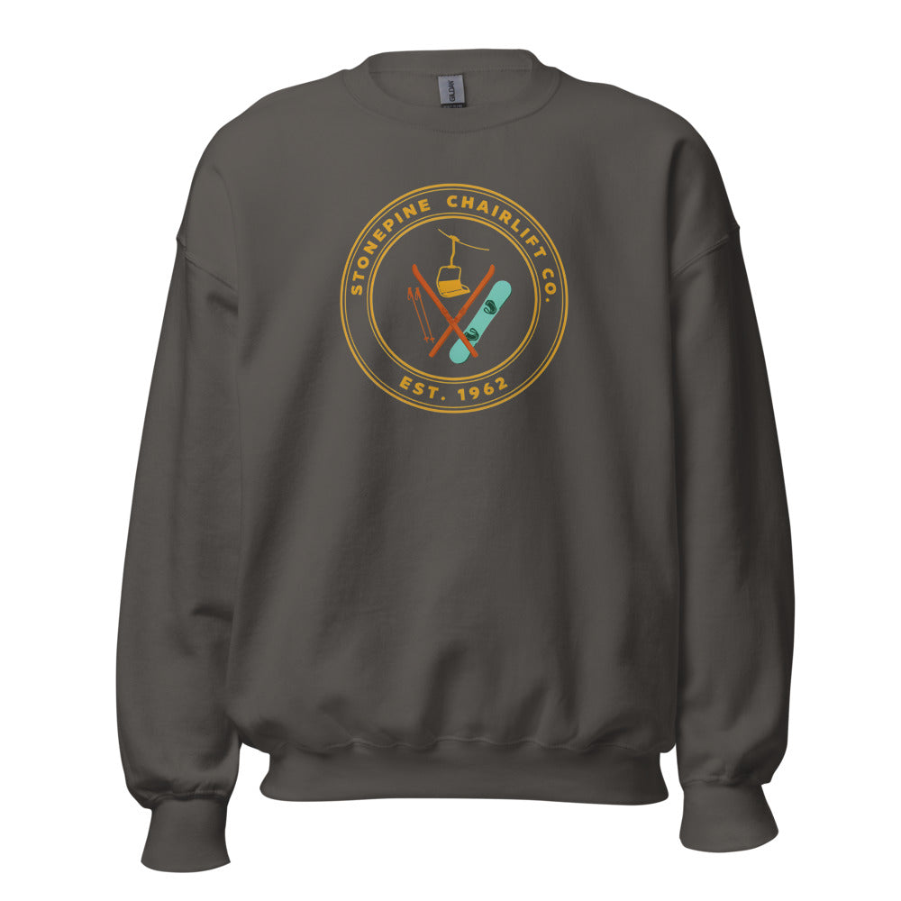 Stonepine Chairlift Co. retro vintage ski club badge crewneck sweatshirt — Charcoal, front