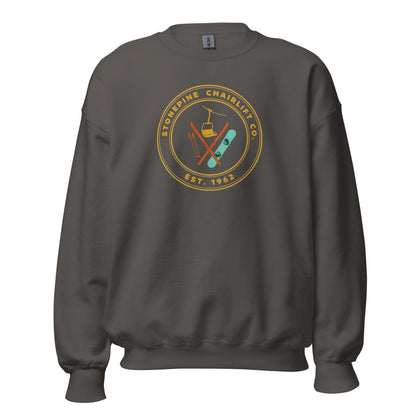 Stonepine Chairlift Co. retro vintage ski club badge crewneck sweatshirt — Charcoal, front