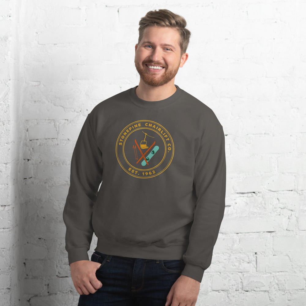 Stonepine Chairlift Co. retro vintage ski club badge crewneck sweatshirt — Charcoal, on model