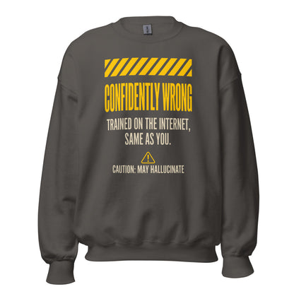Confidently Wrong AI hazard-label crewneck sweatshirt — Charcoal, front