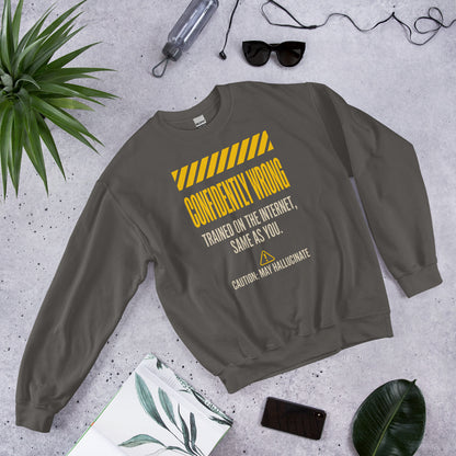 Confidently Wrong AI hazard-label crewneck sweatshirt — Charcoal, flat lay