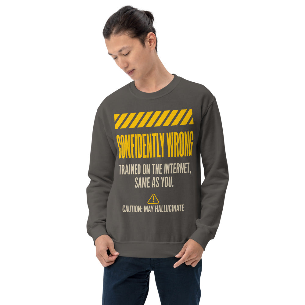 Confidently Wrong AI hazard-label crewneck sweatshirt — Charcoal, on model