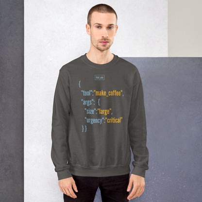 Tool Call Make Coffee AI engineer crewneck sweatshirt — Charcoal, on model