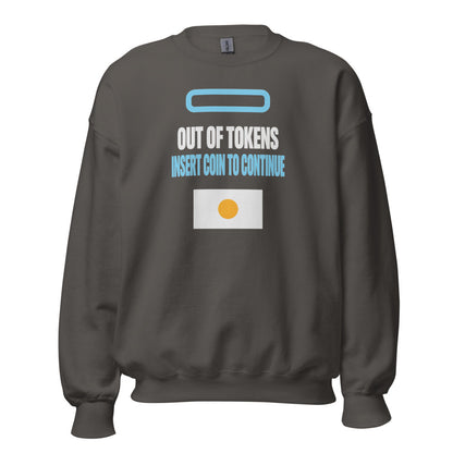 Insert Coin To Continue out of tokens crewneck sweatshirt — Charcoal, front