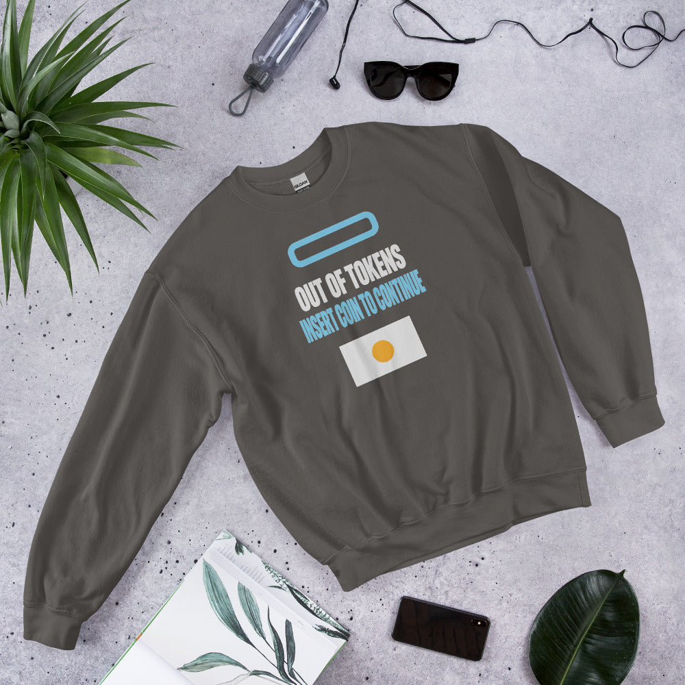 Insert Coin To Continue out of tokens crewneck sweatshirt — Charcoal, flat lay