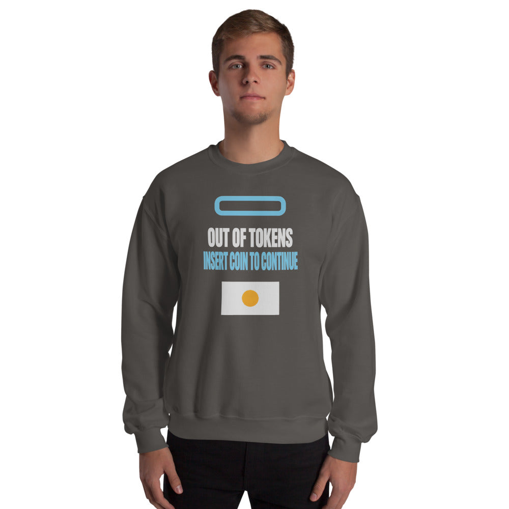 Insert Coin To Continue out of tokens crewneck sweatshirt — Charcoal, on model