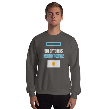 Insert Coin To Continue out of tokens crewneck sweatshirt — Charcoal, on model
