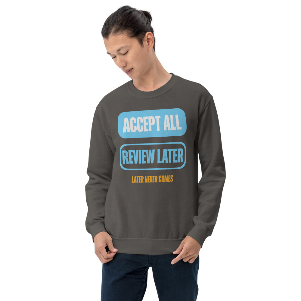 Accept All Review Later crewneck sweatshirt — Charcoal, on model