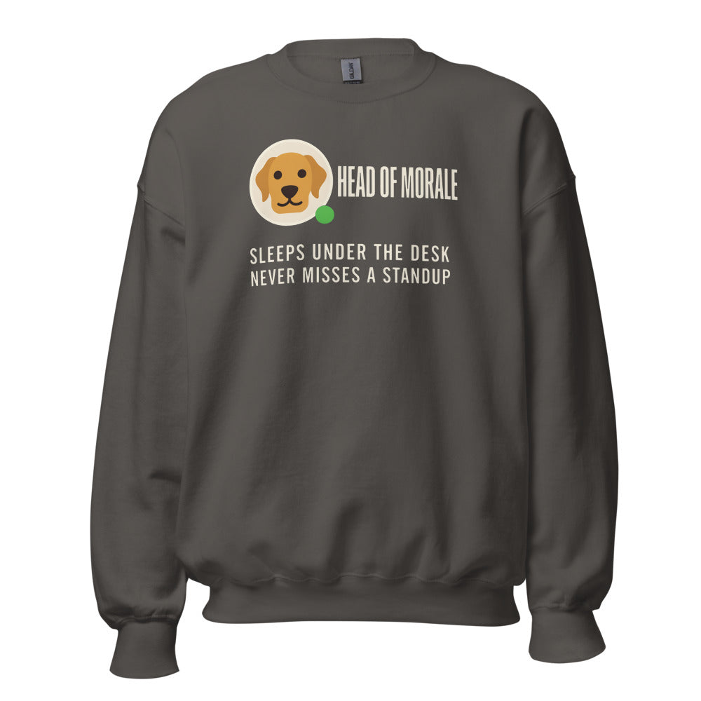 Head of Morale dog profile card crewneck sweatshirt — Charcoal, front