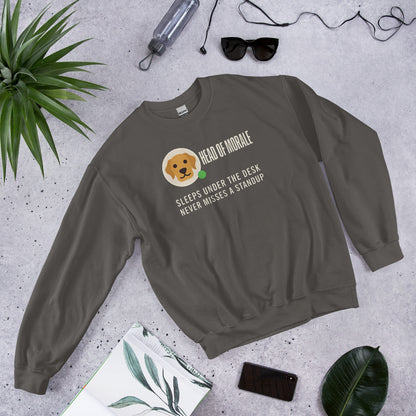 Head of Morale dog profile card crewneck sweatshirt — Charcoal, flat lay