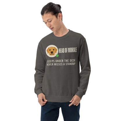 Head of Morale dog profile card crewneck sweatshirt — Charcoal, on model