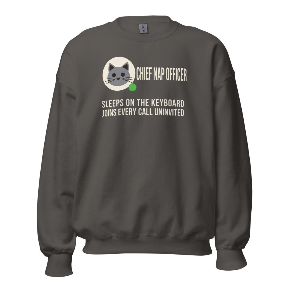 Chief Nap Officer cat profile card crewneck sweatshirt — Charcoal, front