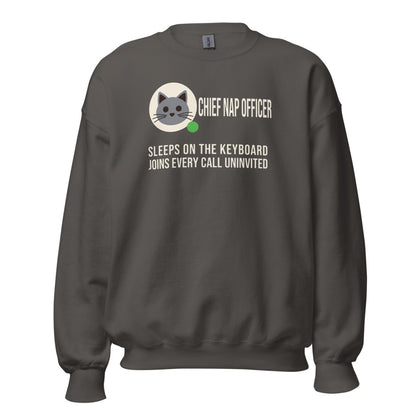 Chief Nap Officer cat profile card crewneck sweatshirt — Charcoal, front