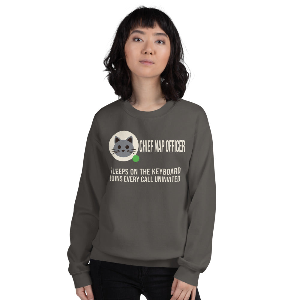Chief Nap Officer cat profile card crewneck sweatshirt — Charcoal, on model
