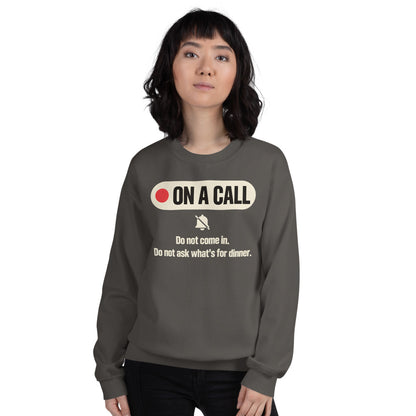 On A Call do not disturb status crewneck sweatshirt — Charcoal, on model