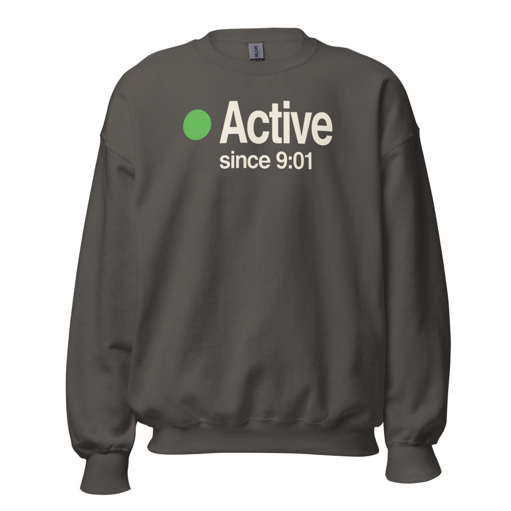 Active Since 9:01 presence status crewneck sweatshirt — Charcoal, front