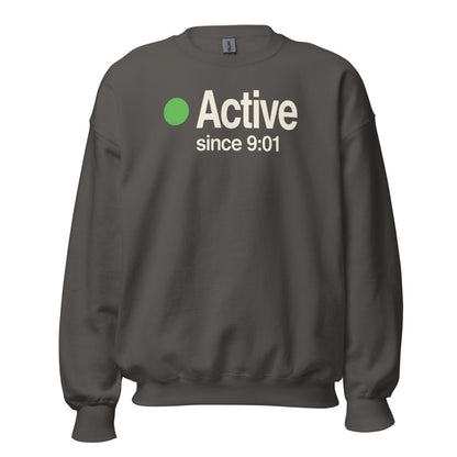 Active Since 9:01 presence status crewneck sweatshirt — Charcoal, front
