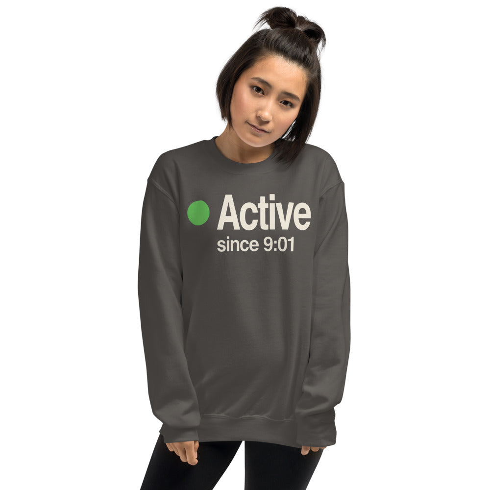Active Since 9:01 presence status crewneck sweatshirt — Charcoal, on model