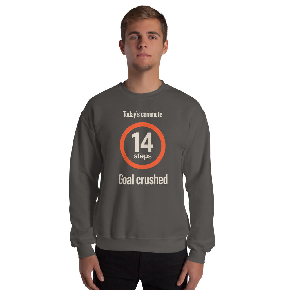 Today's Commute 14 Steps work from home crewneck sweatshirt — Charcoal, on model