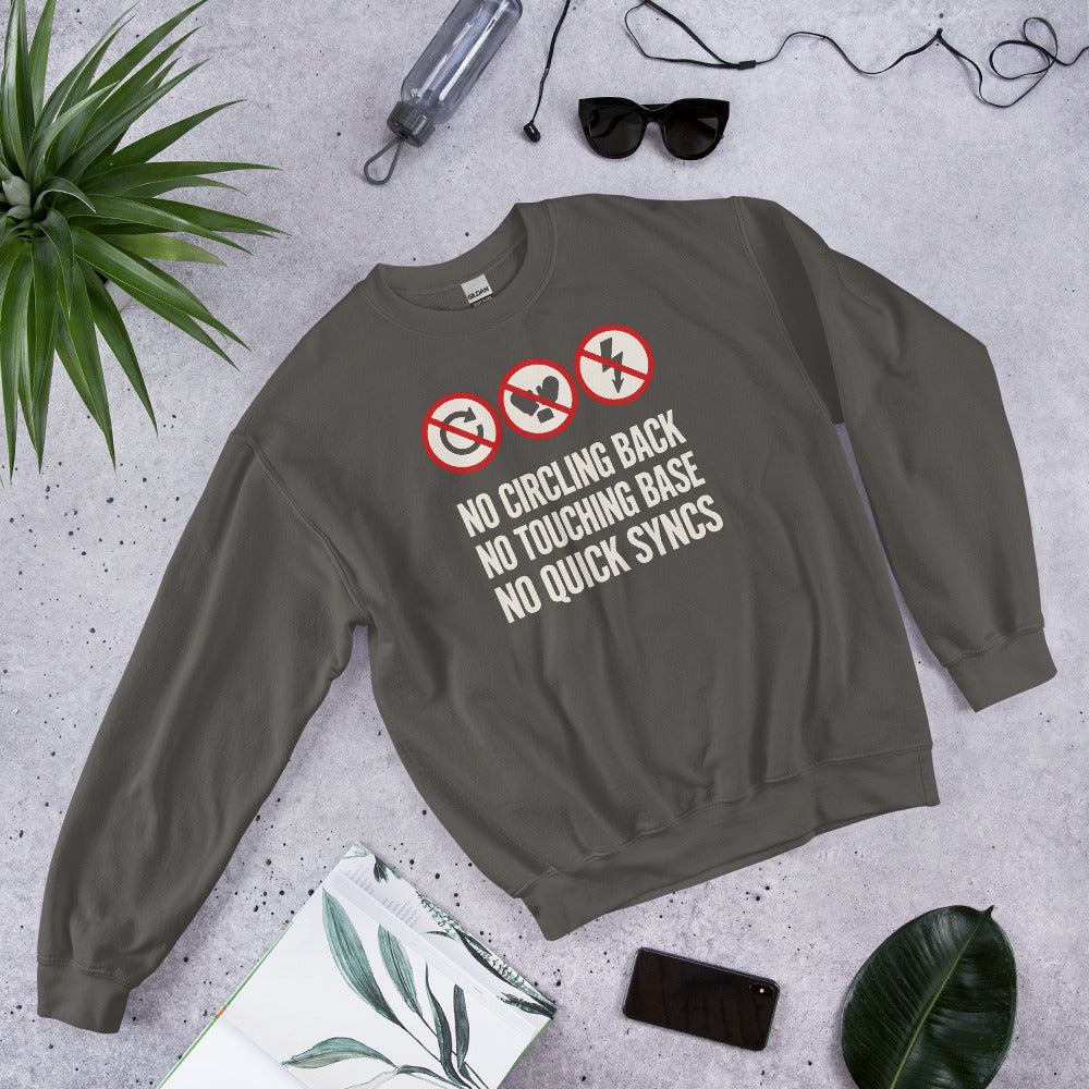 No Circling Back corporate jargon prohibition signs crewneck sweatshirt — Charcoal, flat lay