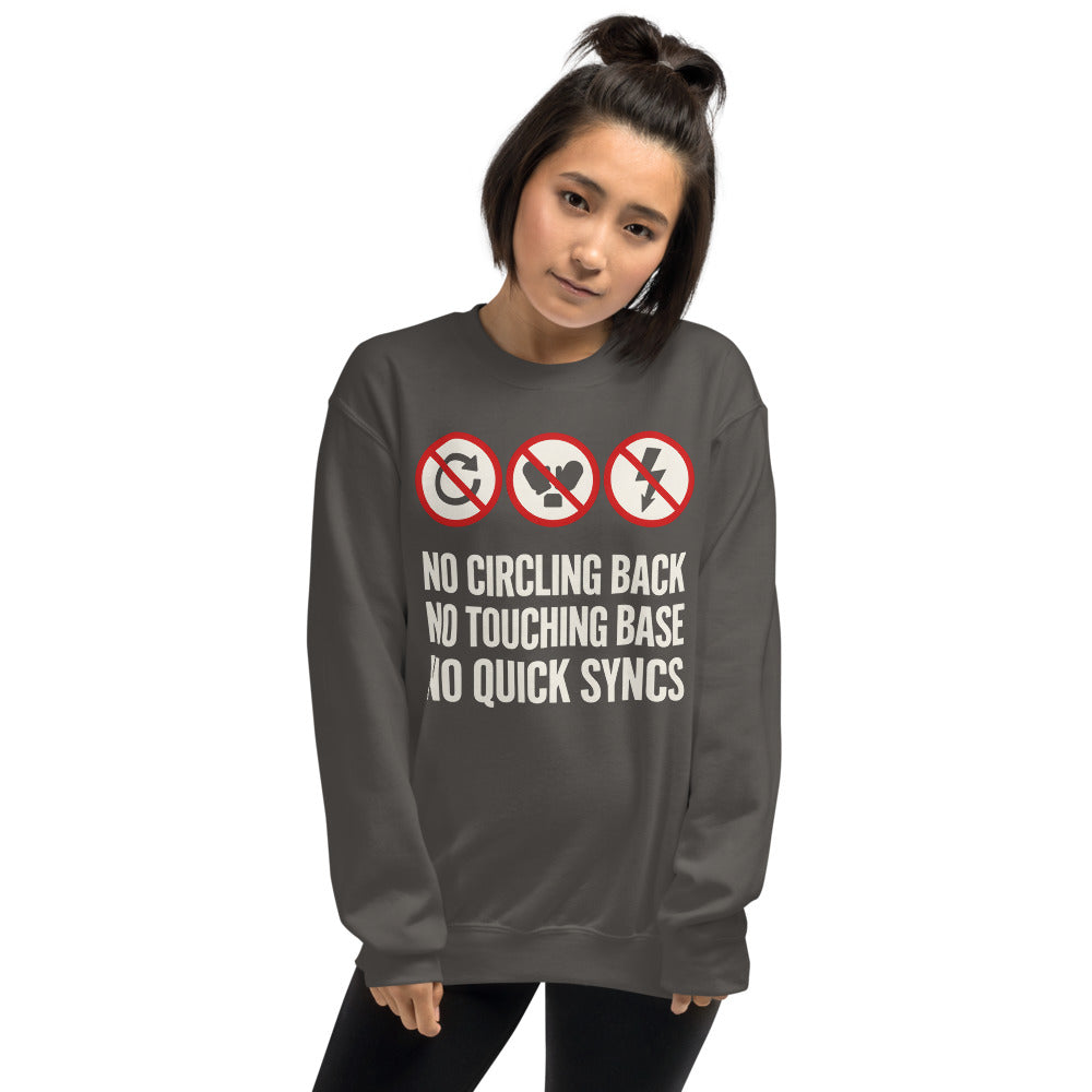 No Circling Back corporate jargon prohibition signs crewneck sweatshirt — Charcoal, on model