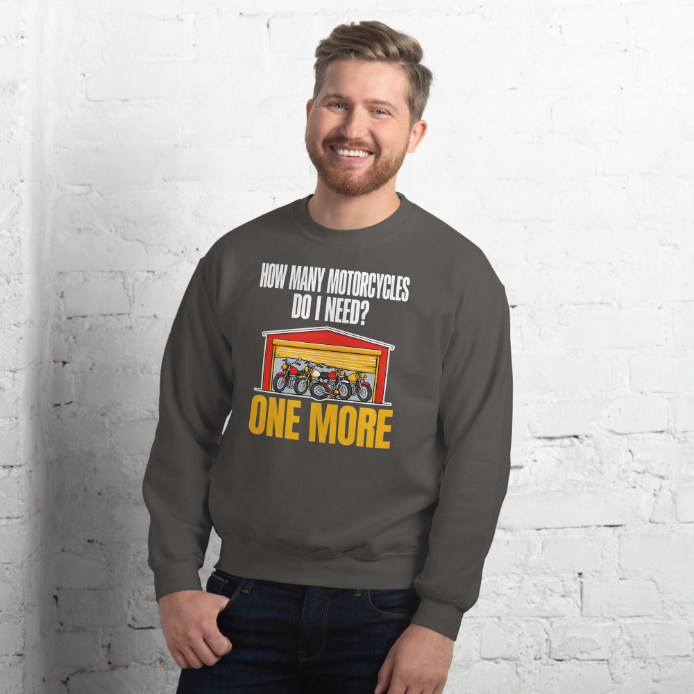 One More funny motorcycle crewneck sweatshirt — Charcoal, on model