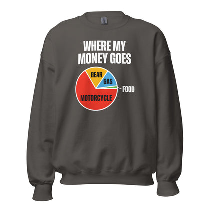 Where My Money Goes funny motorcycle crewneck sweatshirt — Charcoal, front