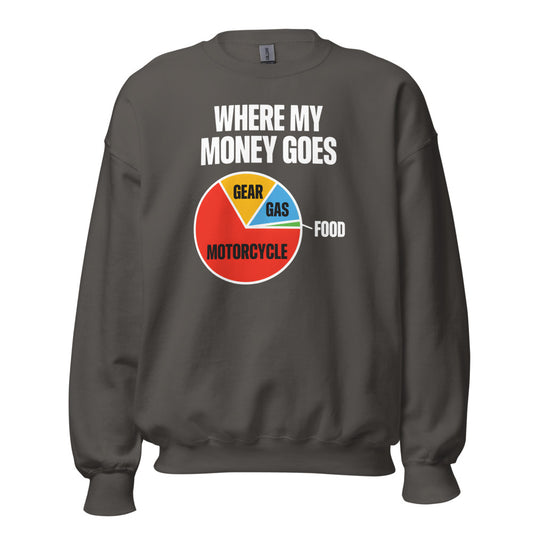Where My Money Goes funny motorcycle crewneck sweatshirt — Charcoal, front