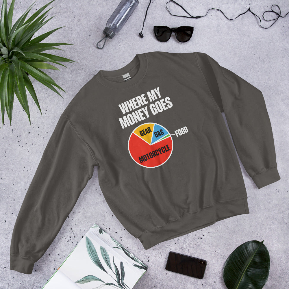 Where My Money Goes funny motorcycle crewneck sweatshirt — Charcoal, flat lay