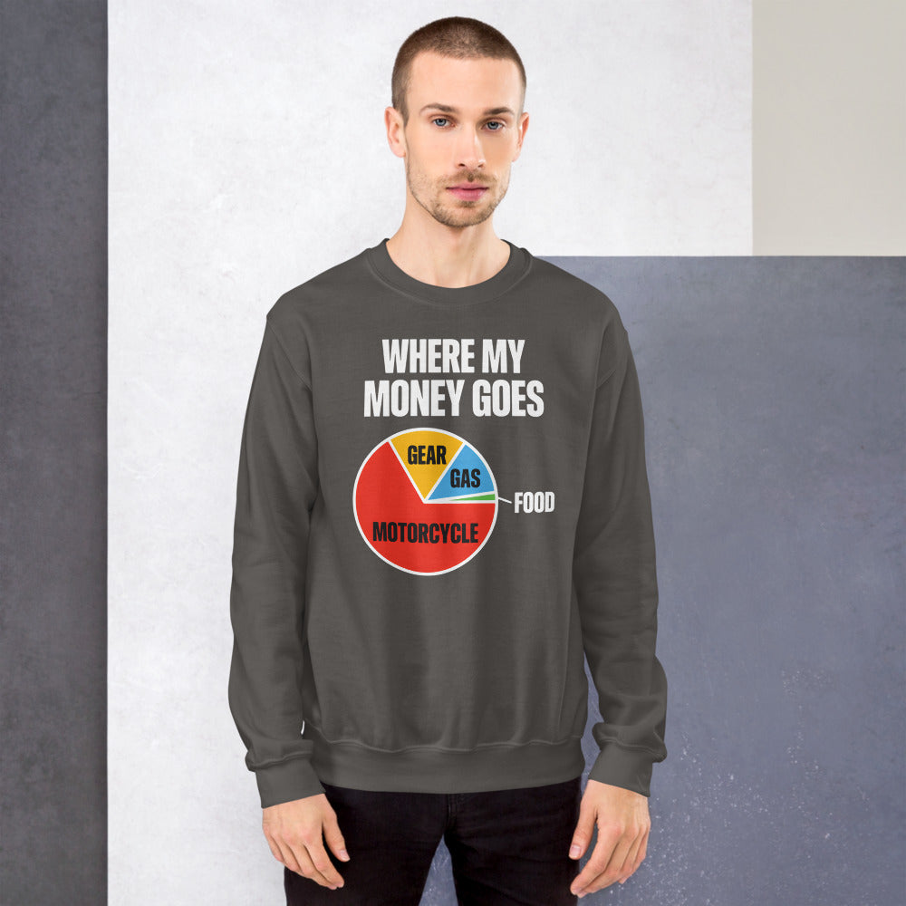 Where My Money Goes funny motorcycle crewneck sweatshirt — Charcoal, on model
