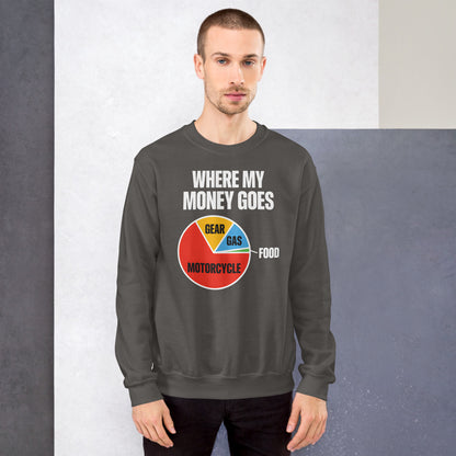 Where My Money Goes funny motorcycle crewneck sweatshirt — Charcoal, on model