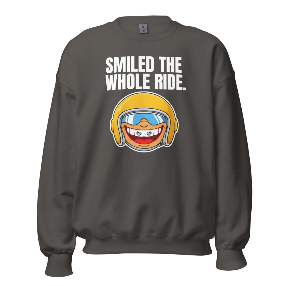 Smiled The Whole Ride funny motorcycle crewneck sweatshirt — Charcoal, front