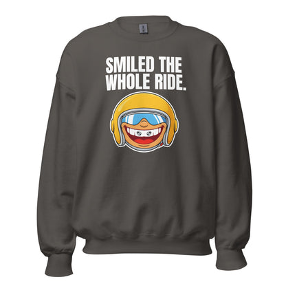 Smiled The Whole Ride funny motorcycle crewneck sweatshirt — Charcoal, front