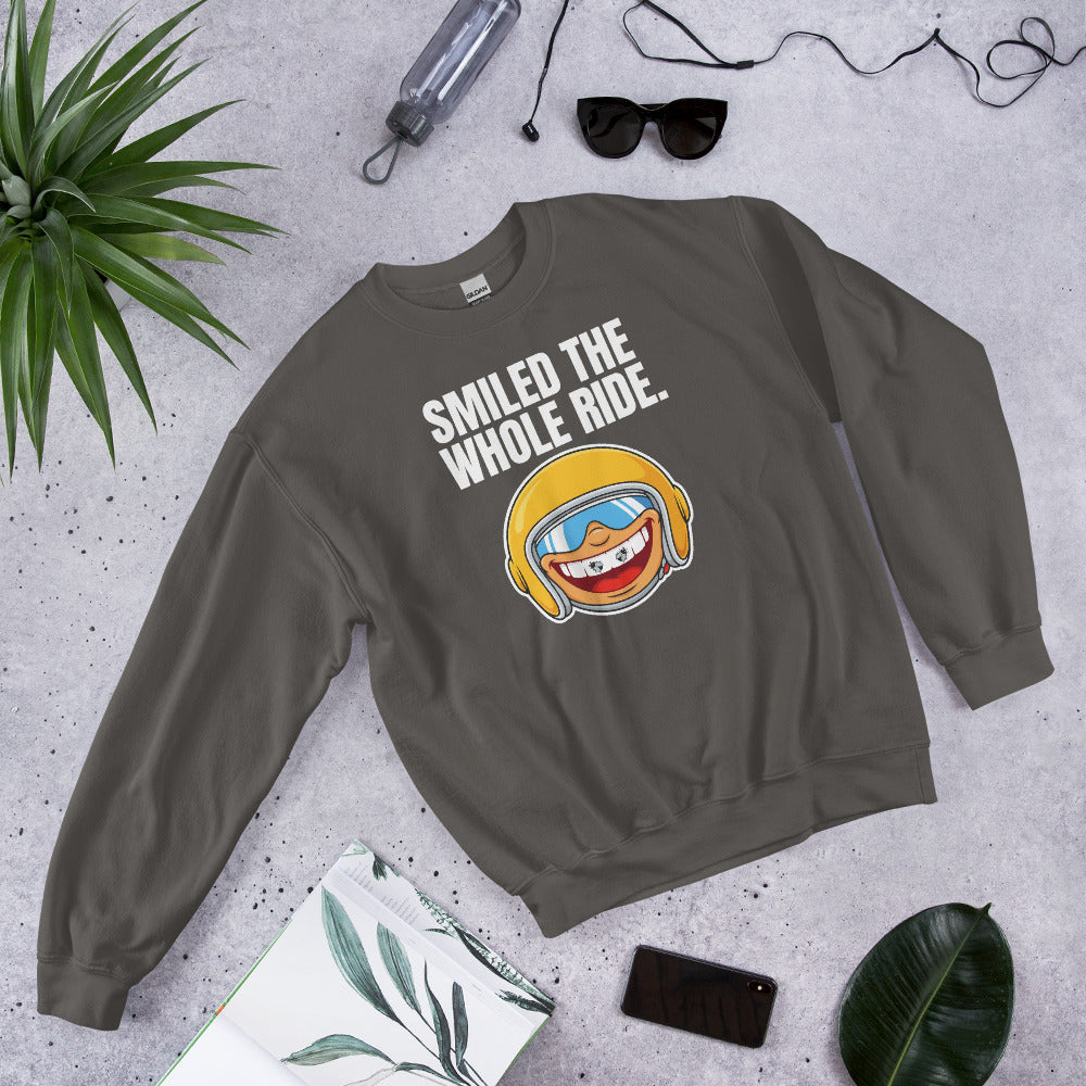 Smiled The Whole Ride funny motorcycle crewneck sweatshirt — Charcoal, flat lay