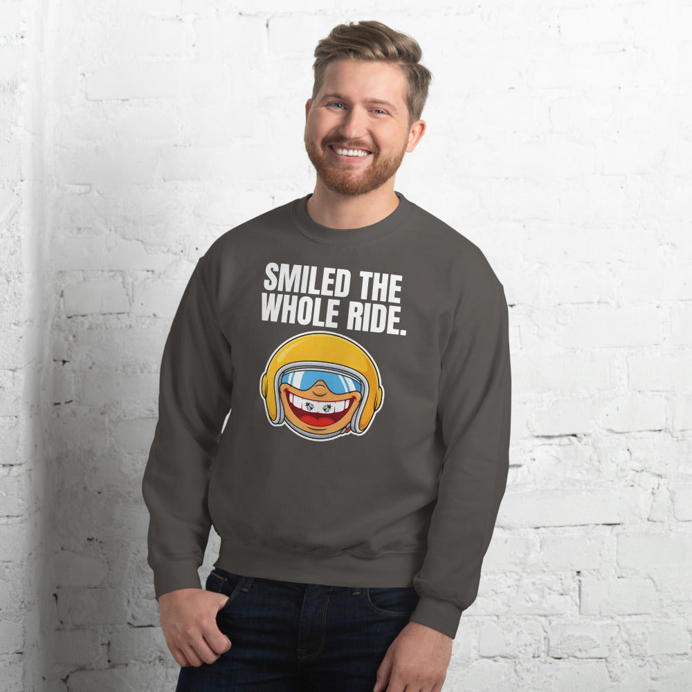 Smiled The Whole Ride funny motorcycle crewneck sweatshirt — Charcoal, on model