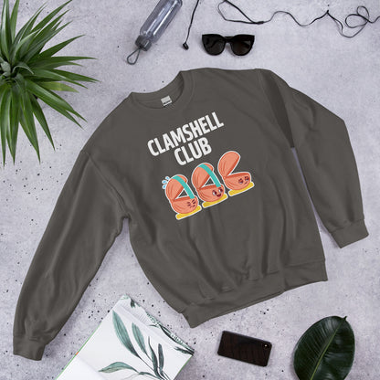 Clamshell Club funny physical therapy crewneck sweatshirt — Charcoal, flat lay