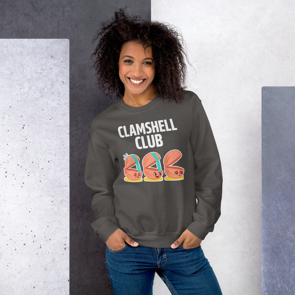 Clamshell Club funny physical therapy crewneck sweatshirt — Charcoal, on model