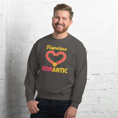 Hopeless ROMantic funny physical therapy crewneck sweatshirt — Charcoal, on model
