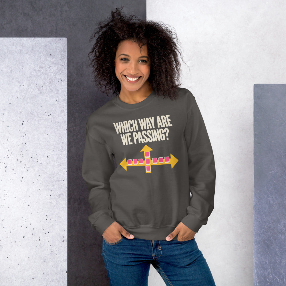 Which Way Are We Passing funny mahjong crewneck sweatshirt — Charcoal, on model