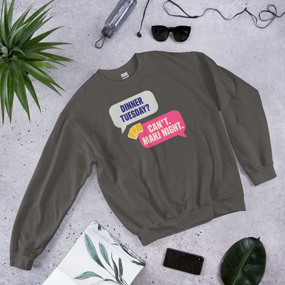 Mahj Night funny mahjong crewneck sweatshirt — Charcoal, flat lay