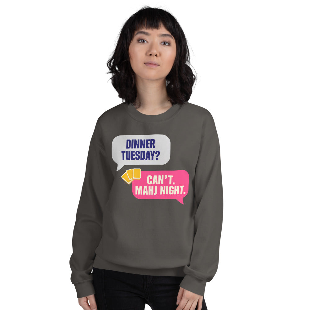 Mahj Night funny mahjong crewneck sweatshirt — Charcoal, on model