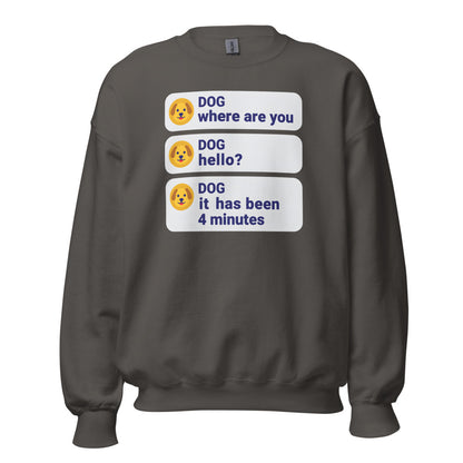 It Has Been 4 Minutes funny dog dad crewneck sweatshirt — Charcoal, front