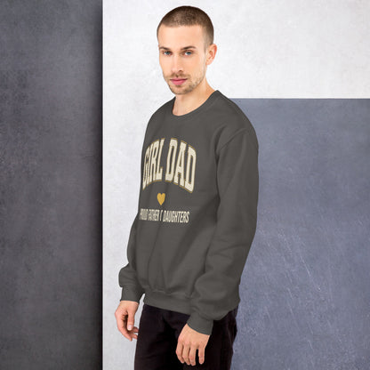 Girl Dad retro varsity crewneck sweatshirt — Charcoal, on model