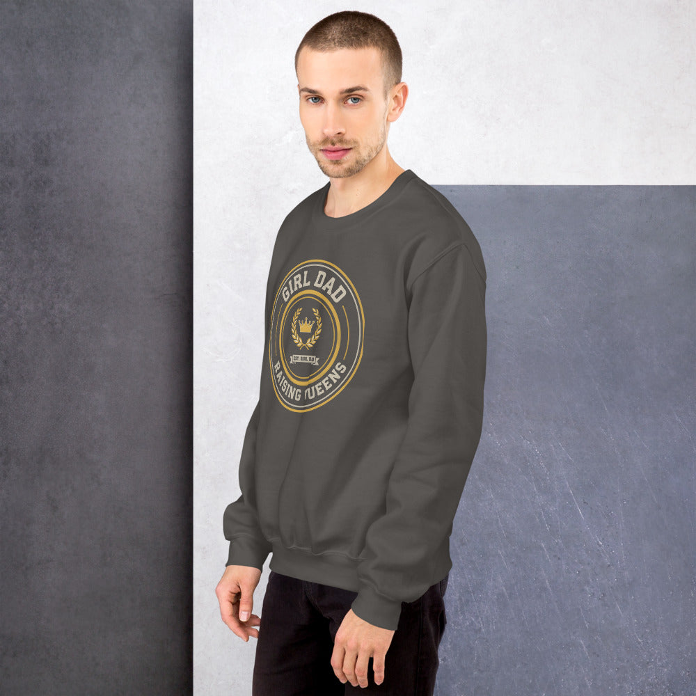 Girl Dad Raising Queens crest crewneck sweatshirt — Charcoal, on model