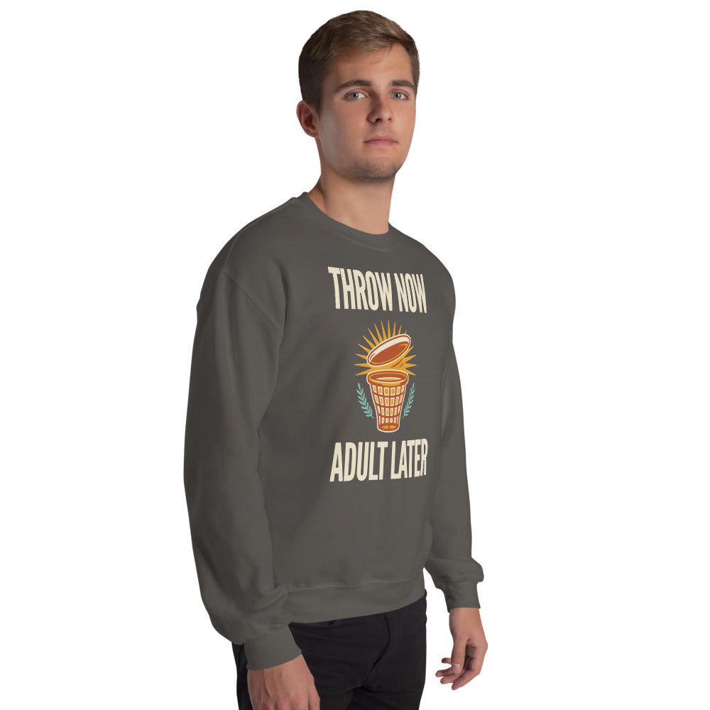 Throw Now Adult Later disc golf retro crewneck sweatshirt — Charcoal, on model