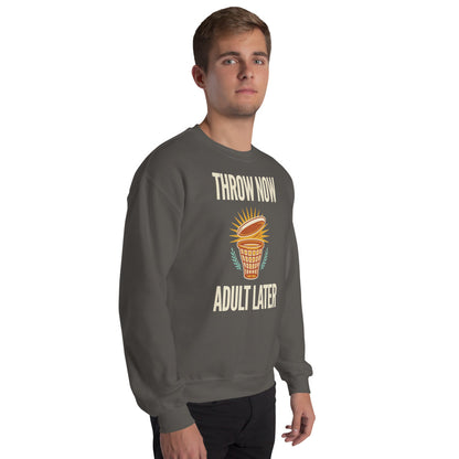 Throw Now Adult Later disc golf retro crewneck sweatshirt — Charcoal, on model