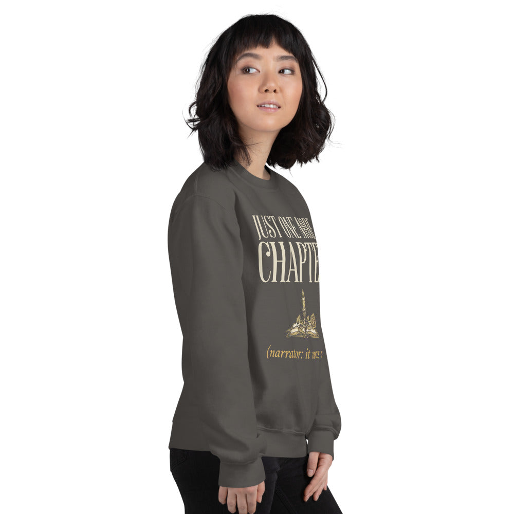 Model wearing the Just One More Chapter book lover crewneck — Charcoal