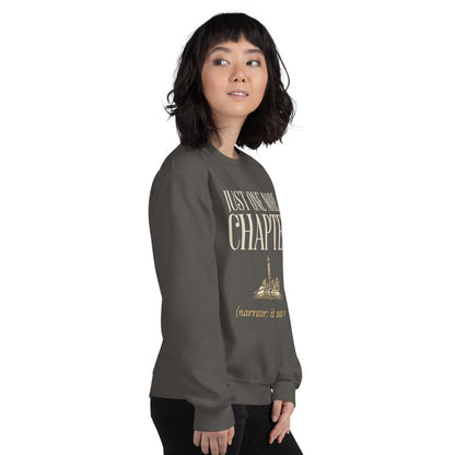 Model wearing the Just One More Chapter book lover crewneck — Charcoal