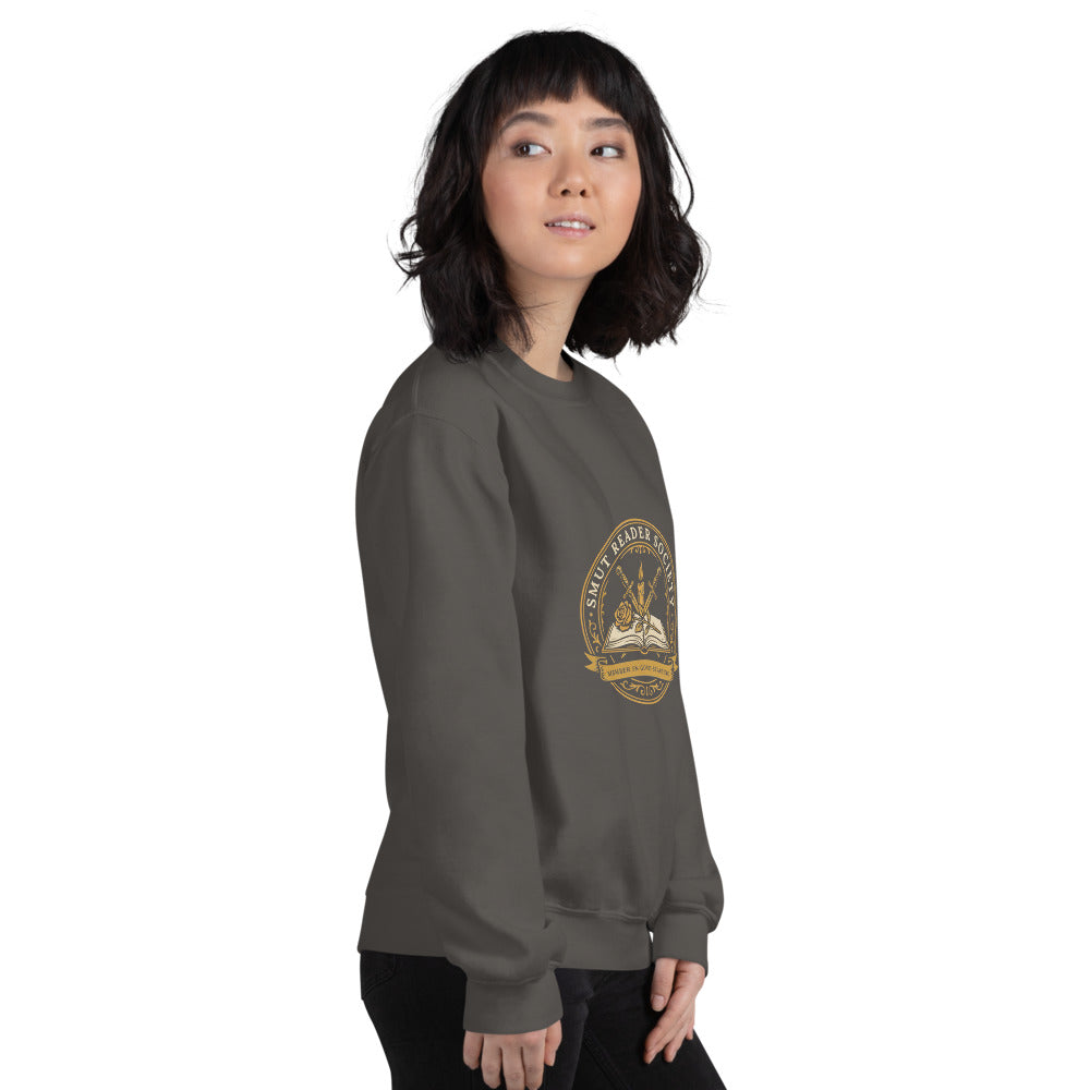 Smut Reader Society book lover dark academia crewneck sweatshirt — Charcoal, on model