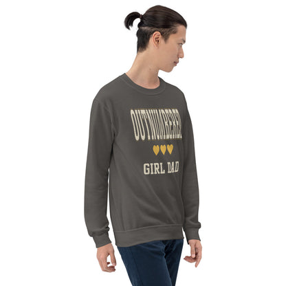 Girl Dad Outnumbered & Proud crewneck sweatshirt — Charcoal, on model